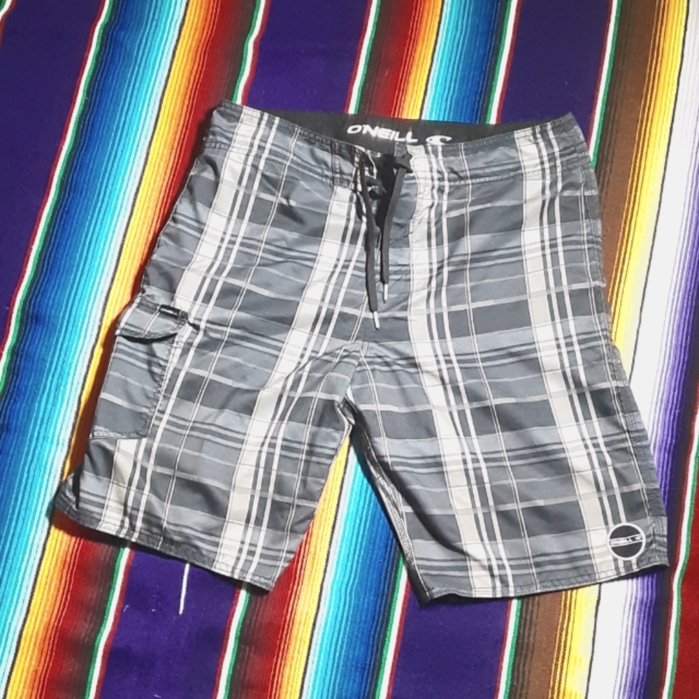 O'Neill- Grey Plaid Board Shorts - Waist 34